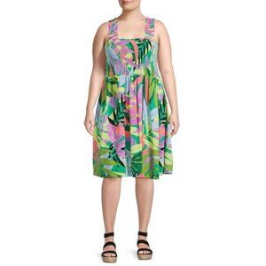Terra & Sky Peasant Boho Smocked Tropical Floral Dress Green Multi Color 1X NEW